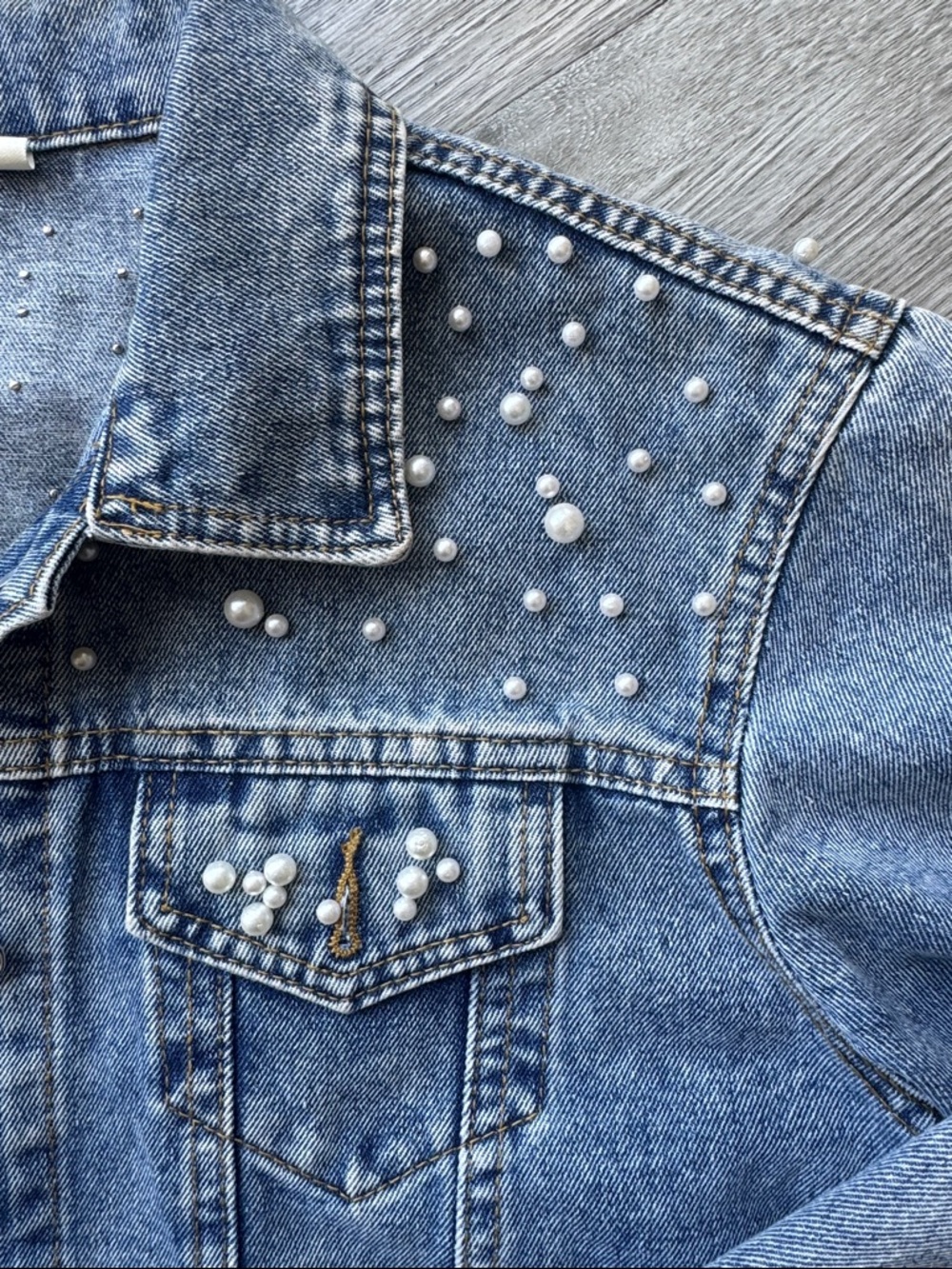 Women's Embroidered Pearl Denim Jean Jacket Coat Size S - Picture 10 of 14